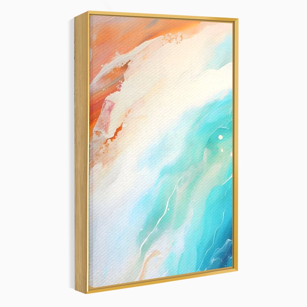Tablou canvas cu pictura abstracta cu valuri turcoaz, in rama de aluminiu auriu
